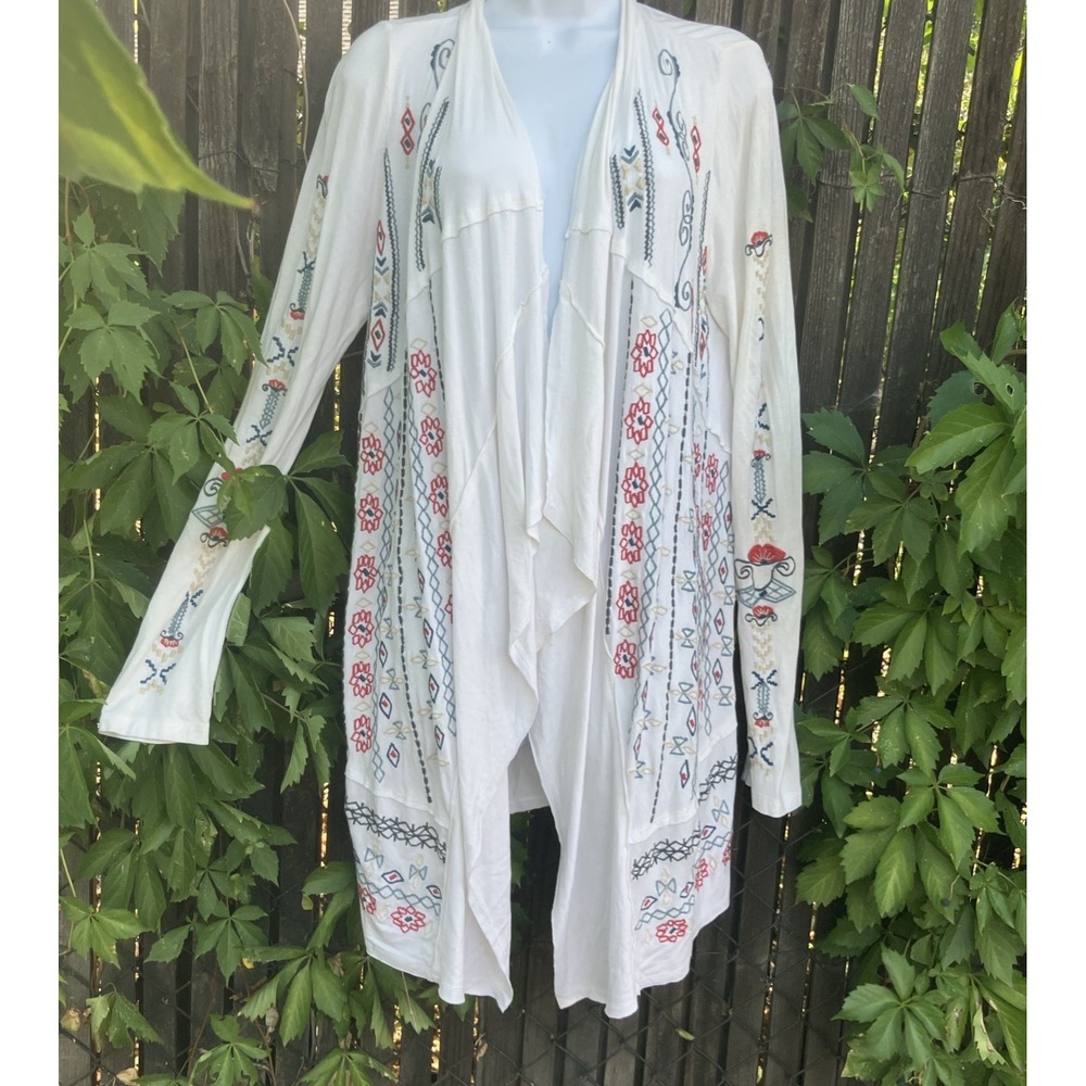 Caite‎ Floral Embroidered Open Front Cardigan Long Small Western Boho Country